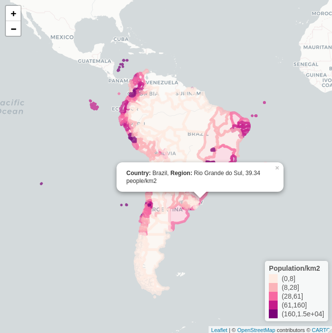 Population density in South America made on leaflet