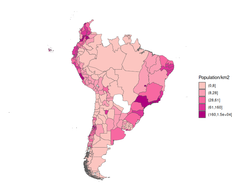 Population density in South America made on ggplot